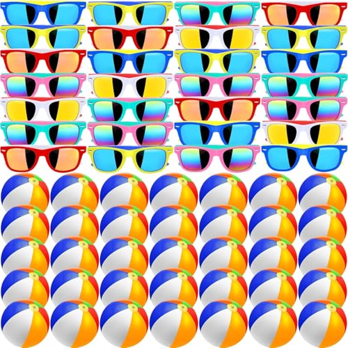 Boboeitody 60 Stück Partybrillen Set, 30Pcs Neon Sonnenbrille 30Pcs 12" Strandbälle Boys Mädchen Graduation Party Zubehör UV400-Schutz Sonnenbrille Großpackung für Sommer Beach Pool Party (60) von Boboeitody