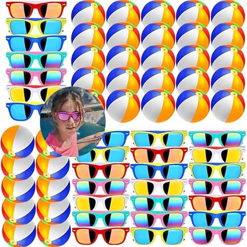 Boboeitody 60 Stück Partybrillen Set, 30Pcs Neon Sonnenbrille 30Pcs 12" Strandbälle Boys Mädchen Graduation Party Zubehör UV400-Schutz Sonnenbrille Großpackung für Sommer Beach Pool Party (60) von Boboeitody