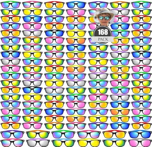 Neon Sonnenbrille Bulk 168 Stücke Bunte Neon Party Sonnenbrillen Set Vintage Coole Lustige Party Brillen Für Geburtstags, Sommer und Strandparty Geschenke,Kinder, Erwachsene (24-Farben-Stil) von Boboeitody