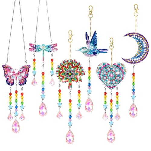 Bocguy 6 Stück 5D DIY Windspiel Bastelset Kinder, Diamond Painting Kinder Anhänger, Geschenk Mädchen Spielzeug Fensterdeko Gartendeko Bastelhandwerk Kreatives Geschenke für Mädchen 6-12 Jahre von Bocguy
