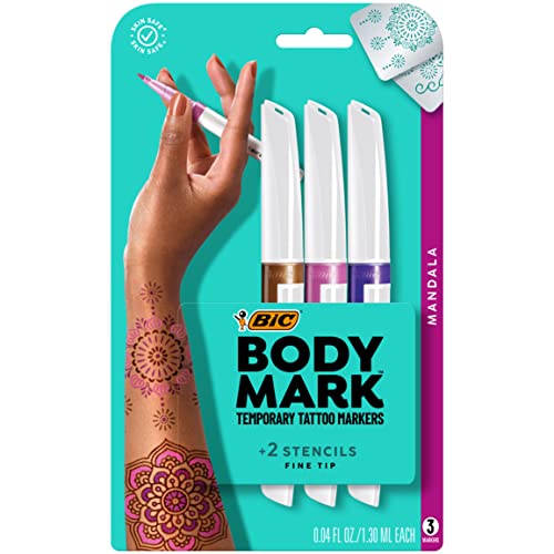 BIC BodyMark Temporary Tattoo Marker with Fine Tip, Mandala, Assorted Colors, Pack of 3 Markers + 3 Stencils BIC BodyMark Temporary Tattoo Marker with Fine Tip, Mandala, Assorted Colors, Pack of 3 Markers + 3 Stencils von Bodymark