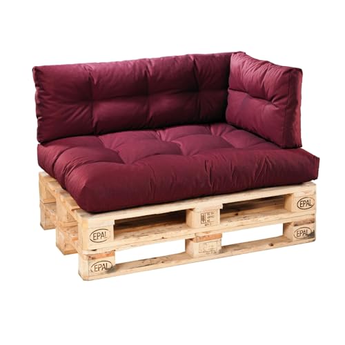 Bodyprotect Palettenkissen Outdoor & Indoor, 3er Set aus Sitzkissen 120 x 80 x 12 cm + Rückenlehne 120 x 40 cm + Seitenteil 60 x 40 cm, Paletten Kissen, hochwertiger Möbelstoff in dunkelrot von Bodyprotect