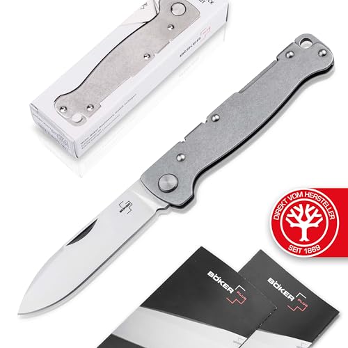 Böker Plus® Atlas Backlock Droppoint Taschenmesser - Zweihand-Messer mit Metall-Griff aus Edelstahl - kleines EDC Messer mit Clip & 7,1 cm D2 Drop-Point Klinge 42a konform von Böker Plus