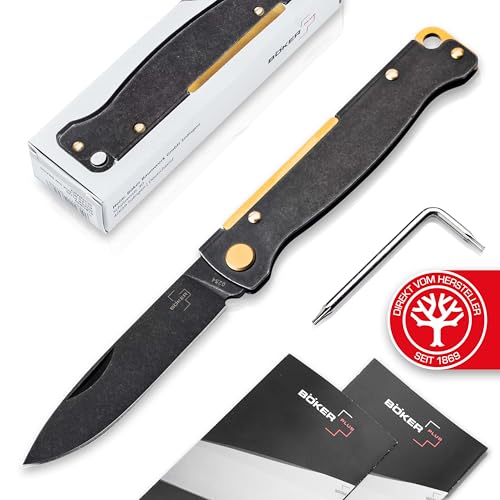 Böker Plus® Atlas Black Stonewash Brass - schwarzes EDC Taschenmesser mit Clip extra flach - Slipjoint Zweihand Klapp-Messer 42a konform legal - Vollmetall Messer mit 12C27 Sandvik Droppoint Klinge von Böker Plus