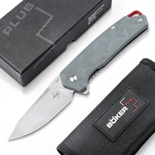 BÖKER PLUS® Gemtek Frame-Lock Knife - edles EDC Taschenmesser mit Clip - Flipper Messer mit Kugellager - D2 Drop-Point Klappmesser mit G10 Griff grau - Camping Faltmesser mit Etui in Geschenk-Box von BÖKER PLUS