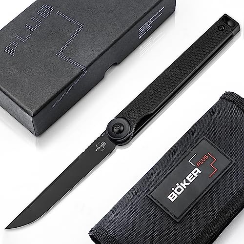 Böker Plus® Kaizen All Black S35VN Flipper Taschen-Messer - schwarzes EDC Gentleman Folder Knife japanisch - edles Linerlock Einhand Klappmesser mit G10 Griff, Clip & Etui von Böker