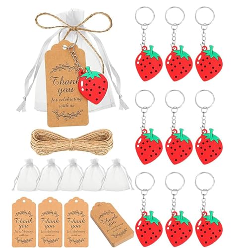 10 Sets rote Erdbeere mit Samen und grünen Blättern, Schlüsselanhänger mit weißem Organza-Beutel, Kraftanhänger und Schnüre für süße Babyparty, Obst, Erdbeere, 1. Party, Gastgeschenk von Boerni