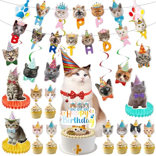 20 Stück Katzengeburtstagsparty-Dekorationen, Katzen-Motto-Partyzubehör inklusive Happy Birthday-Banner, hängende Wirbel, Waben-Mittelstücke, Kuchenaufsätze, Katzenhalsbänder mit Fliege und Glocke für 20 Stück Katzengeburtstagsparty-Dekorationen, Katzen-Motto-Partyzubehör inklusive Happy Birthday-Banner, hängende Wirbel, Waben-Mittelstücke, Kuchenaufsätze, Katzenhalsbänder mit Fliege und Glocke für von Boerni