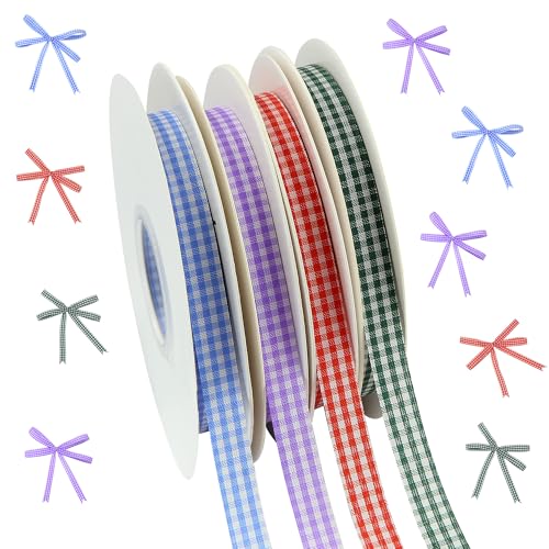 4 Rollen 200 Meter Gingham-Band, kariertes Band, (0,95 cm), dünnes Polyestergewebe, verschiedene karierte Bänder (rot/blau/grün/lila), für Geschenkverpackungen, Nähen, Basteln, Ostern – 4 Farben von Boerni
