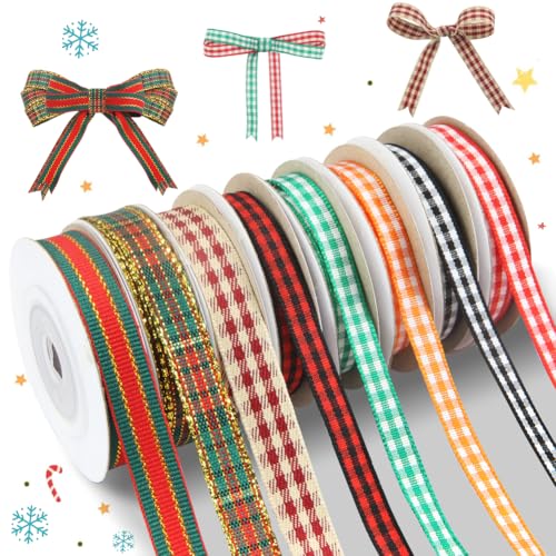 8 Rollen 40 Yard Gingham-Band, 0,5 cm x 4,5 m/Rolle, Weihnachtsbänder, Büffelkariert, dekoratives Geschenkband für Weihnachtsbaumverpackung, Basteln, Geschenkverpackung, Haarschleifen von Boerni