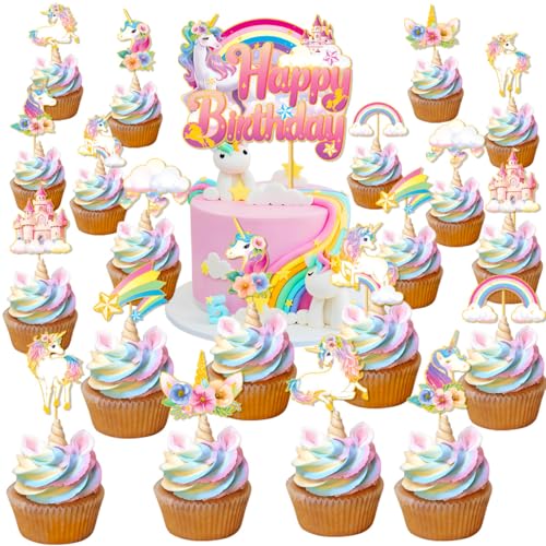 Boerni 20 Stück Einhorn-Cupcake-Topper und 1 x Einhorn-Kuchenaufsatz, Regenbogen-Einhorn, Geburtstagsparty-Zubehör, Regenbogen-Kuchendekorationen für Mädchen und Frauen, Geburtstagsparty, Babyparty von Boerni