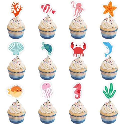 Boerni 24 Stück Ozean Meer Tier Cupcake Toppers Delphin Seepferdchen Seestern Fisch für unter dem Meer Thema Party Baby Dusche Kinder Geburtstag Party Kuchen Dekorationen Zubehör von Boerni