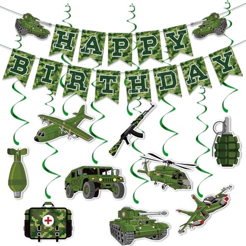 Boerni Camouflage Geburtstag Banner Hängender Wirbel, Grün Camo Geburtstagsbanner mit Flugzeugmuster und 9 Camouflage-Hängewirbeln, Militär-Thema Party Dekoration Boerni Camouflage Geburtstag Banner Hängender Wirbel, Grün Camo Geburtstagsbanner mit Flugzeugmuster und 9 Camouflage-Hängewirbeln, Militär-Thema Party Dekoration von Boerni