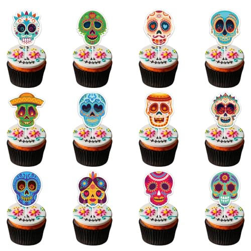 Cupcake-Topper, Motiv: Tag der Toten, Dia De Los Muertos, Cupcake-Picks, Skelett, Zucker, Totenkopf, mexikanischer Fiesta, Kuchenaufsatz für Halloween, Partyzubehör, 24 Stück Cupcake-Topper, Motiv: Tag der Toten, Dia De Los Muertos, Cupcake-Picks, Skelett, Zucker, Totenkopf, mexikanischer Fiesta, Kuchenaufsatz für Halloween, Partyzubehör, 24 Stück von Boerni
