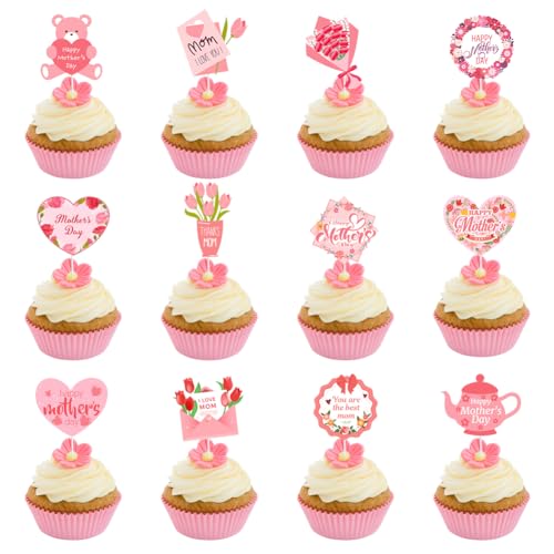 Cupcake-Topper "Happy Mother's Day", rosa Blumenmuster, beste Mutter, Liebe, Mutter, kleine Kuchendekoration, Herz-Blumen, Cupcake-Aufsätze, Lebensmittel, Obst, Picks für Muttertag, Party, von Boerni