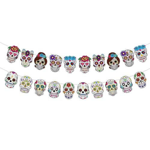 Dia De Los Muertos Totenkopf-Wimpel, Banner für Männer und Frauen, Zuckerschädel-Girlande, Wimpelkette für Halloween, mexikanische Fiesta, Party, Tag der Toten, 2 Stück Dia De Los Muertos Totenkopf-Wimpel, Banner für Männer und Frauen, Zuckerschädel-Girlande, Wimpelkette für Halloween, mexikanische Fiesta, Party, Tag der Toten, 2 Stück von Boerni