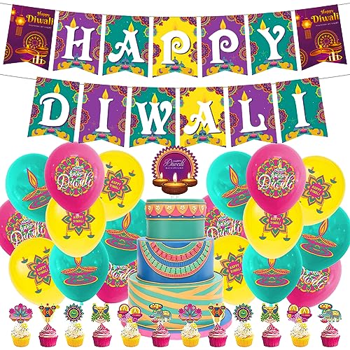 Diwali Festival Party Decorations Kit, Happy Diwali Bunting Banner Multicolor Lantern Balloon Cake Cupcake Topper for Festival of Lights Party Decorations Deepavali Hindu Party Supplies von Boerni