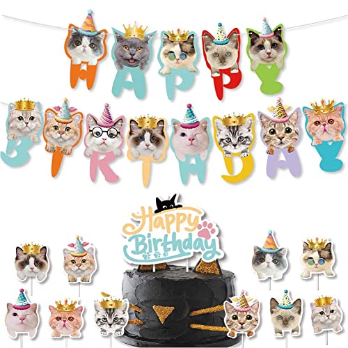 Geburtstags-Dekoration für Katzen, 13 niedliche Cartoon-Katzen-Geburtstagsbanner mit 10 Cupcake-Aufsätzen und 1 "Happy Birthday"-Cupcake-Topper für Haustier-Thema-Geburtstagsparty von Boerni