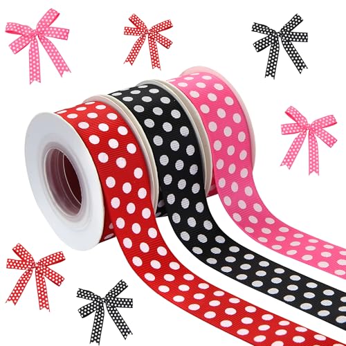 Gepunktetes Band, 3 Rollen, 30 Yards, 2,5 cm breit, gepunktetes Ripsband-Set (schwarz/rot/rosa), für Geschenkverpackungen, Nähen, Basteln, Haarschleife, Clips, Geschenke, Weihnachten, Ostern von Boerni