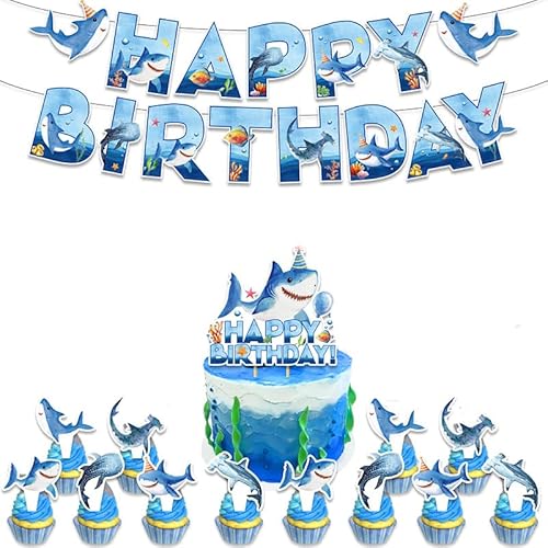 Hai-Geburtstagsparty-Dekorationsset, blauer Hai, Happy Birthday, Wimpelkette, Banner, Ozeanhaie, Party, hängende Wirbel, große Kuchendekoration und Cupcake-Topper, Dekoration für Jungen, Geburtstag Hai-Geburtstagsparty-Dekorationsset, blauer Hai, Happy Birthday, Wimpelkette, Banner, Ozeanhaie, Party, hängende Wirbel, große Kuchendekoration und Cupcake-Topper, Dekoration für Jungen, Geburtstag von Boerni