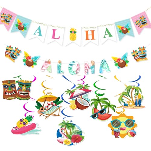 Hawaiianische Party Dekorationen, ALOHA Banner und Beach Party Dekorationen hängende Wirbeln, Beach Pool Dekorationen für Sommerferien Geburtstagsfeier Zubehör von Boerni