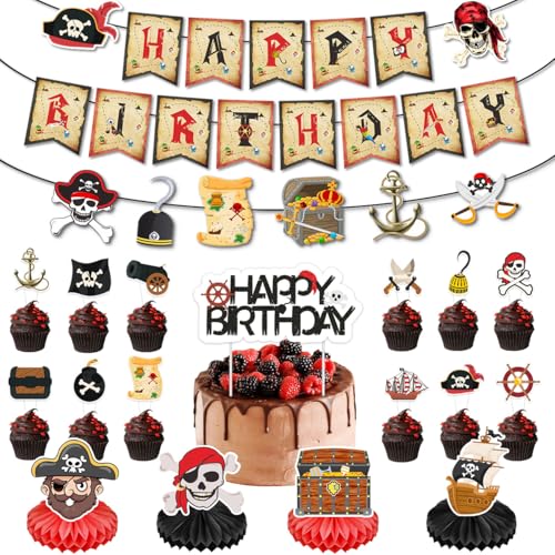 Piraten-Geburtstagsparty-Dekoration, Piraten-Thema, Abenteuer, Segeln, hängende Wimpelkette, Banner, Girlande, Kuchen, Cupcake-Topper, Papier-Waben-Mittelstücke, Schild für Kinder, Jungen, Mann von Boerni