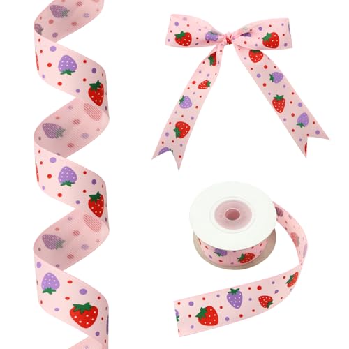 Ripsband mit Erdbeeren und gepunktetem Ripsband, 2,5 cm x 9,1 m, Obstband für Frühlings- und Sommerkränze, Basteln, Besätze, Haarschleifen, Geschenkverpackungen, Pastellrot und Rosa (lila) von Boerni