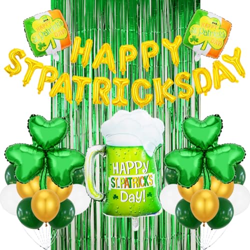Set mit 48 St. Patrick's Day-Party-Dekorationen, inklusive grünen Folien-Fransenvorhängen, Goldfolienballon, großer Bierkrug-Folienballon, dreiblättriges Kleeblatt-Ballon für glückliche irische von Boerni