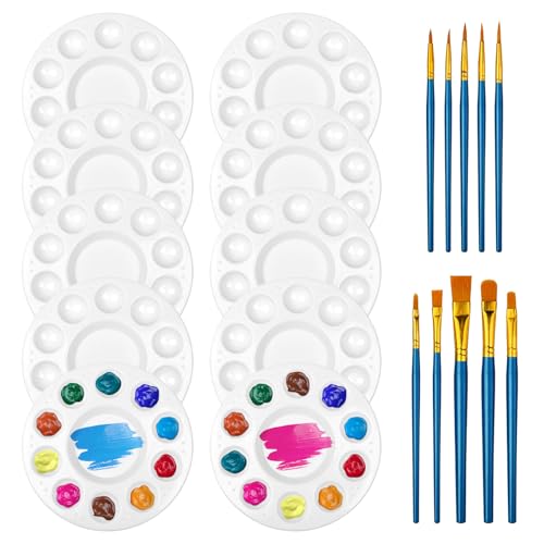 Bofanze 10 Stück Kinder Mischpalette 10 Loch mit 10 Stück Pinsel, Kunststoff Acrylfarben, Wiederverwendbar Runde Malpalette, Palette Malen, 16.5cm, für Kinder Erwachsene Kunst Malerei von Bofanze