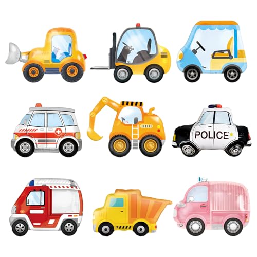 Bofanze 9 Stück Verkehr Fahrzeuge Luftballons Große Cartoon Auto Ballon Baustelle Folienballon Feuerwehrauto Ballon Groß Bagger Bulldozer Gabelstapler Lastwagen Transportballons Auto Form Luftballons von Bofanze