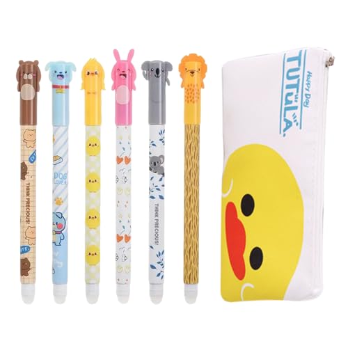 Bogoro 6 Niedlicher Karikatur blauer Kugelschreiber 0.5mm mit Entchen-Stiftetasche - Radierbarer Stift & süße Aufbewahrung, perfekt für Schule & Büro (blau, 0.5mm, inkl. Entchen-Tasche) von Bogoro