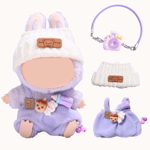 Bogoro Labubu Kleidung für Puppe 3er Set Labubu Kleidung für 17cm Groß Labubu Puppe Enthält 1 Beanie, 1 Overall, 1 Kleine Kamera, Süße Puppenkleidung DIY Geschenk (Ohne Puppe) Purple von Bogoro