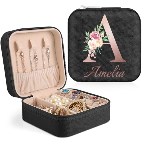 Bohaluo Personalisierte Schmuckschatulle mit Namen, Reise Schmuckkästchen Personalisiert Schmuckkästchen Klein Geburtsblumen für Damen Mädchen Geschenk für Weihnachten, Muttertag, Hochzeit von Bohaluo