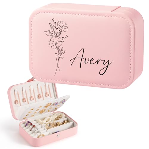Bohaluo Personalisierte Schmuckschatulle mit Namen, Reise Schmuckkästchen Personalisiert Schmuckkästchen Klein Geburtsblumen für Damen Mädchen Geschenk für Weihnachten, Muttertag, Hochzeit von Bohaluo