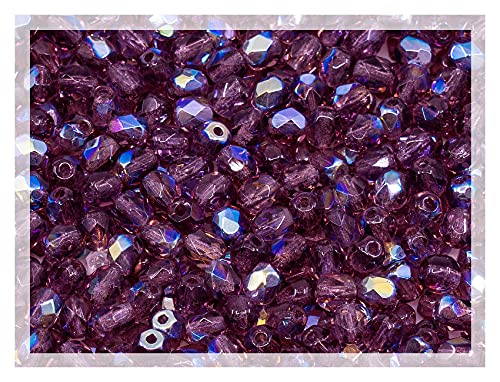 100 Stück Facettierte Schliffperlen Tschechische Kristall 4mm, Amethyst AB Violett 20060-28701 Glasperlen Feuerpoliert von Bohemia Crystal Valley