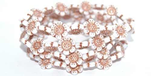 100 pcs Flower Pressed Glass Beads, White 43805 Metalic (02010-43805-METALIC), 14 mm, Glass, Czech Republic von Bohemia Crystal Valley