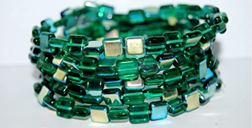 150 stk Flach quadratisch gepresste Glasperlen, transparente grüne Emerald AB (50710 AB), Glas, Tschechische Republik, Größe 8 x 8 mm (0.31 x 0.31 in) von Bohemia Crystal Valley