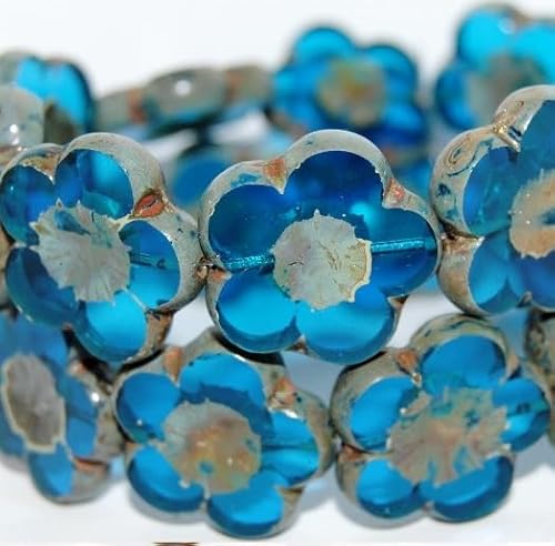 2 pcs Table Cut Flower Czech Glass Beads 20 mm Blue Luster von Bohemia Crystal Valley