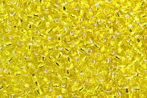 20g Round Preciosa Ornela Rocailles Seed Beads, 9/0 x 9/0 mm, transp. yellow amber, silver lined (87010), Glass, Czech Republic von Bohemia Crystal Valley