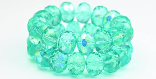 30 pcs Faceted Special Cut Rondelle Fire Polished Beads, Crystal Light Turquoise Ab (00030-34309-AB), 13 x 9 mm, Glass, Czech Republic von Bohemia Crystal Valley
