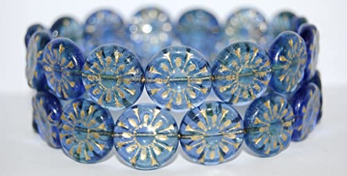 30 stk Flat Round mit blüten gepressten Glasperlen (87311 54202), Glas, Tschechische Republik, Größe 18 mm (0.71 in) von Bohemia Crystal Valley