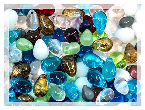 50 Gramm (150+ Stück) Tschechische Glasperlen in Tropfen Träne Teardrop, gemischte Größen (4-9 mm), gemischte Farben von Bohemia Crystal Valley