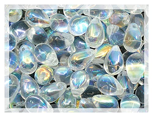 50 Stück Tschechische Glasperlen, 6x9mm, Tropfen Träne Teardrop Transparent Crystal Clear AB von Bohemia Crystal Valley