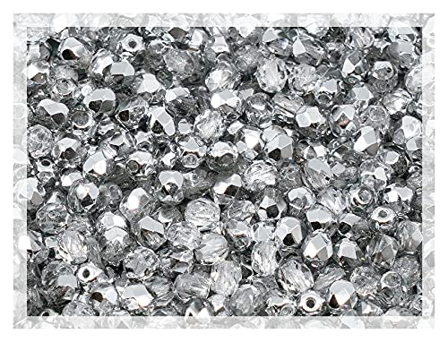 50 g (ca. 600 Stück) Facettierte Schliffperlen Tschechische Kristall 4mm, Kristall Silber Aluminium Labrador 00030-27001 Glasperlen Feuerpoliert von Bohemia Crystal Valley