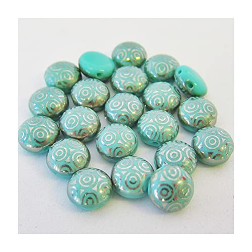 6 stk PRECIOSA Candy beads 2-hole round glass cabochon, 12 mm Laser Etched Decor on turquoise chrome (PRECIOSA Candy Perlen 2-Loch Runde Glas Cabochon Türkis) von Bohemia Crystal Valley