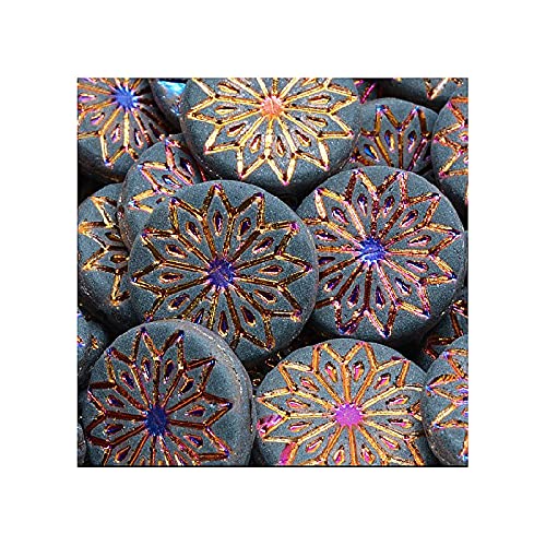 6 stk Pressed Czech glass beads origami flower round big with ornament, 18 mm Violet Iris (Gedrückte tschechische Glasperlen Origami-Blume runden groß mit Ornament Violette Iris) von Bohemia Crystal Valley