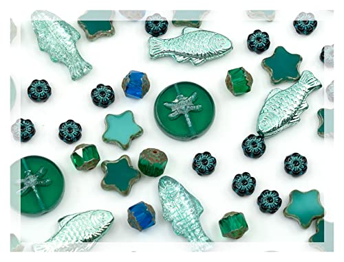 60 g Glasperlen-Mix mit Blumen, Tischschnitt und Feuerpolierung, tschechische Perlen, PG Grün von Bohemia Crystal Valley