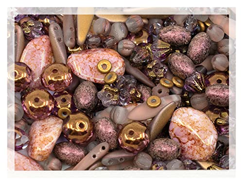 60 g Mix aus einzigartigen tschechischen böhmischen Glasperlen, matt und glänzend, facettierte Feuerpolert, rund, set kit für handgefertigtes Perlen zum Auffädeln, Antikes Kupfer Rosa von Bohemia Crystal Valley