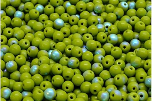 90 Gramm (approx. 1004 pcs) - Runde Drucker mit gepressten Perlen - Round Druck Pressed Beads 4x4mm, Czech Glass, Green Ab (53420-28701) von Bohemia Crystal Valley
