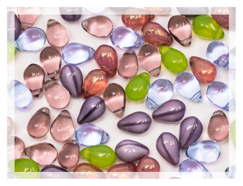 Czech 60-Piece (25g) Glass Beads Mix, 6x9mm, Teardrop Opal Green Silk Dirty Lavender Violet von Bohemia Crystal Valley
